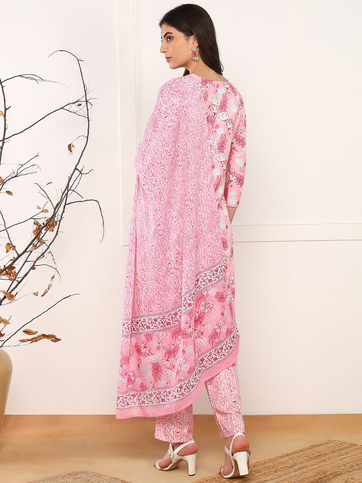ZERESOUQ-Pink-Poly-Rayon-Floral-Printed-3-Piece-Kurta-Set