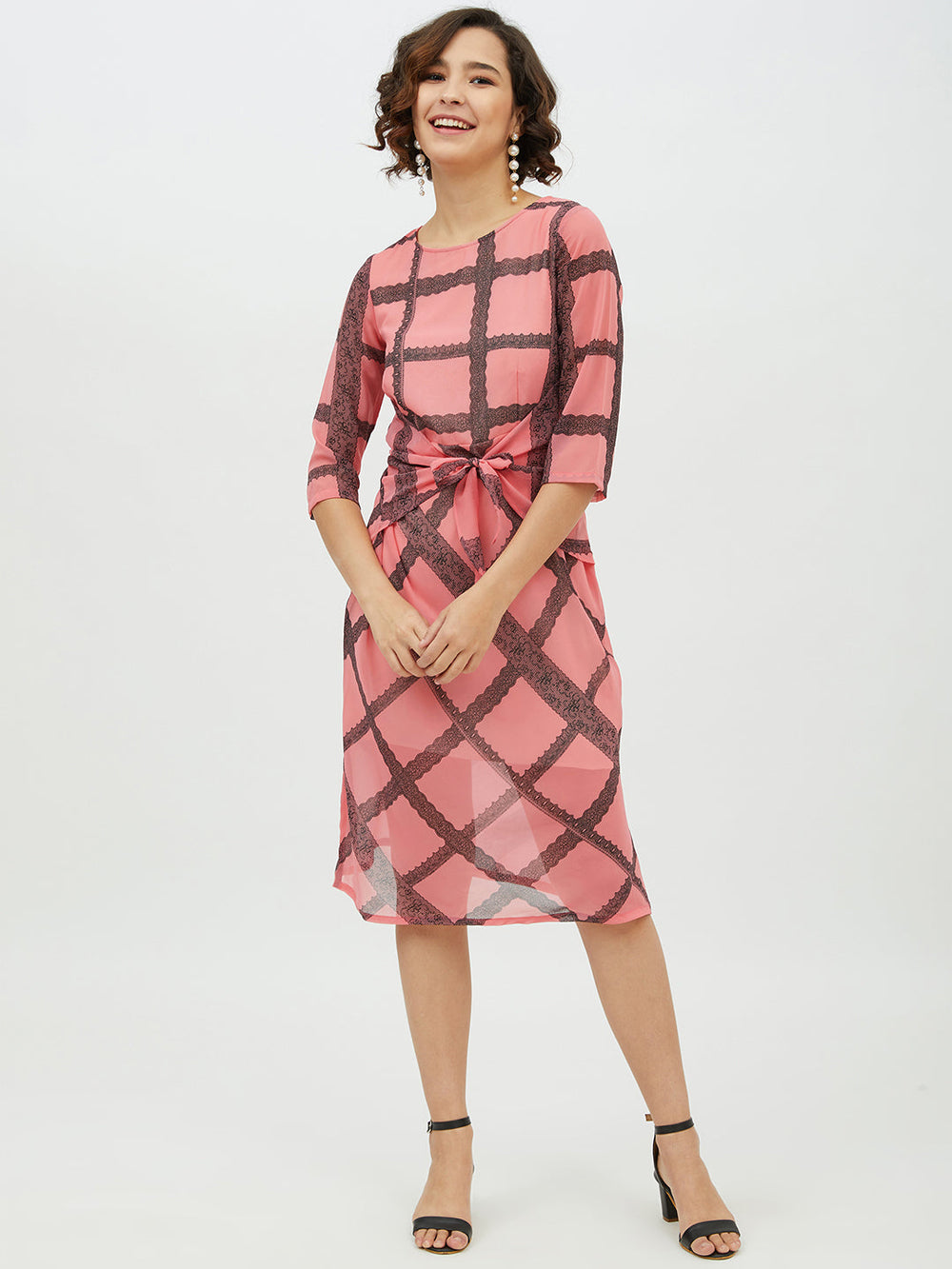 Pink-Polyester-Check-Front-Tie-Knot-Midi-Dress