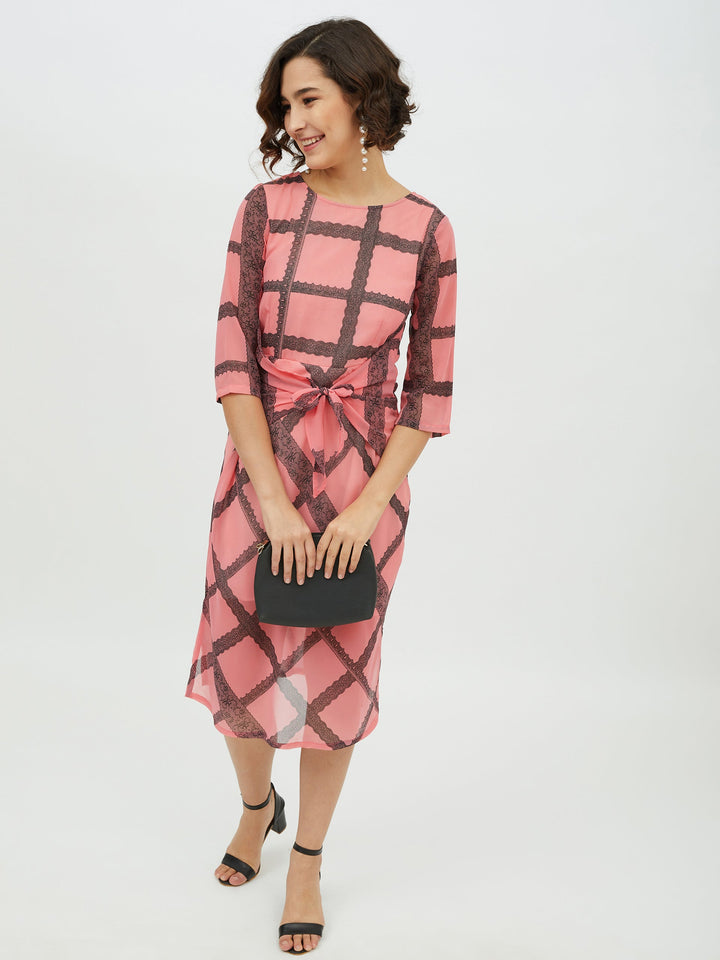 Pink-Polyester-Check-Front-Tie-Knot-Midi-Dress