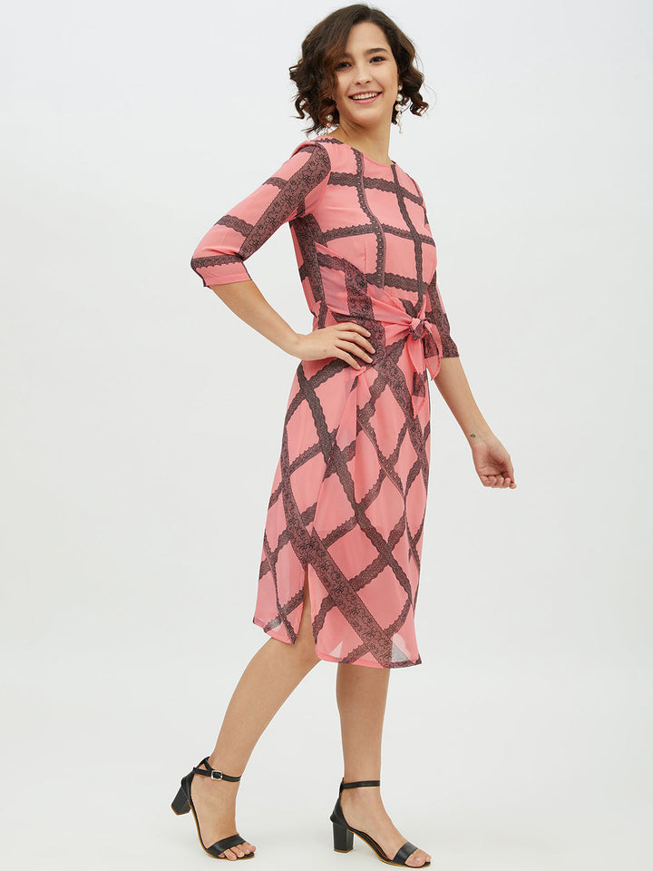 Pink-Polyester-Check-Front-Tie-Knot-Midi-Dress