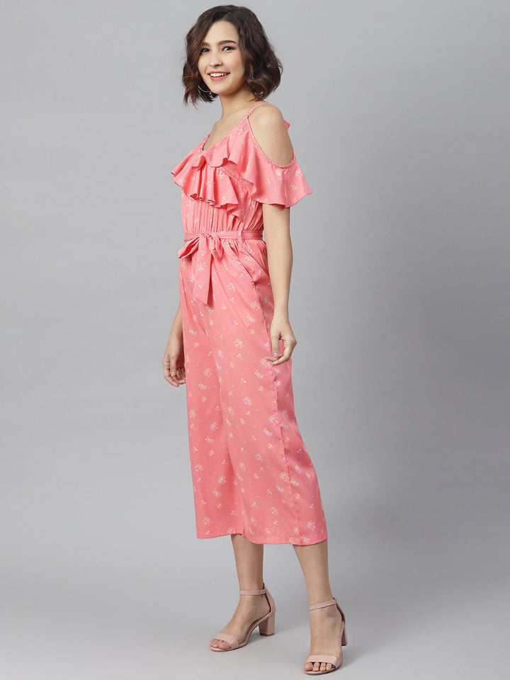 Pink-Polyester-Cross-Neck-Ruffle-Jumpsuit