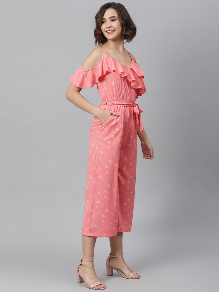Pink-Polyester-Cross-Neck-Ruffle-Jumpsuit