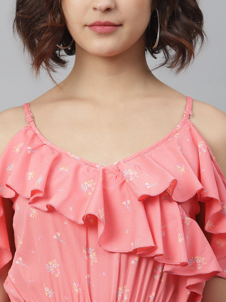 Pink-Polyester-Cross-Neck-Ruffle-Jumpsuit
