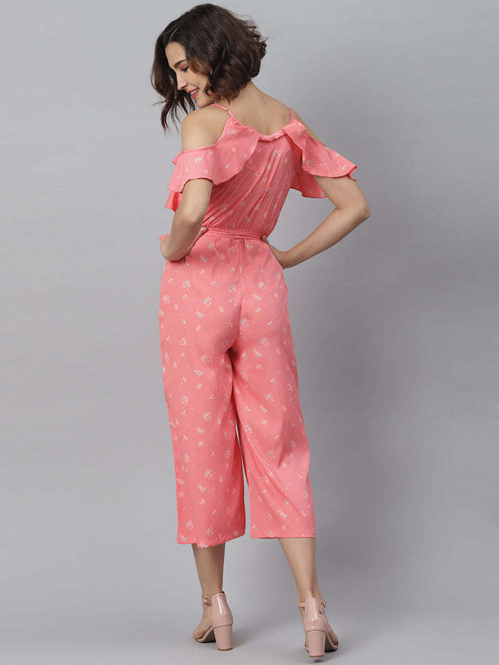 Pink-Polyester-Cross-Neck-Ruffle-Jumpsuit