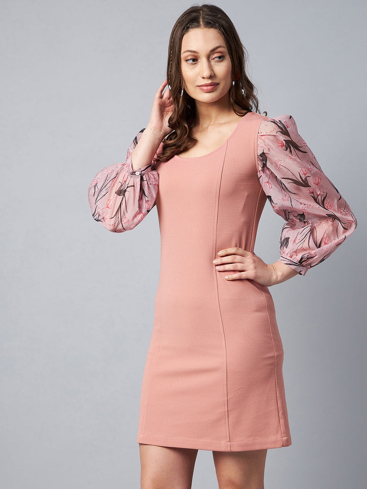 Pink-Polyester-Lycra-&-Organza-Digitally-Print-Body-Con-Dress
