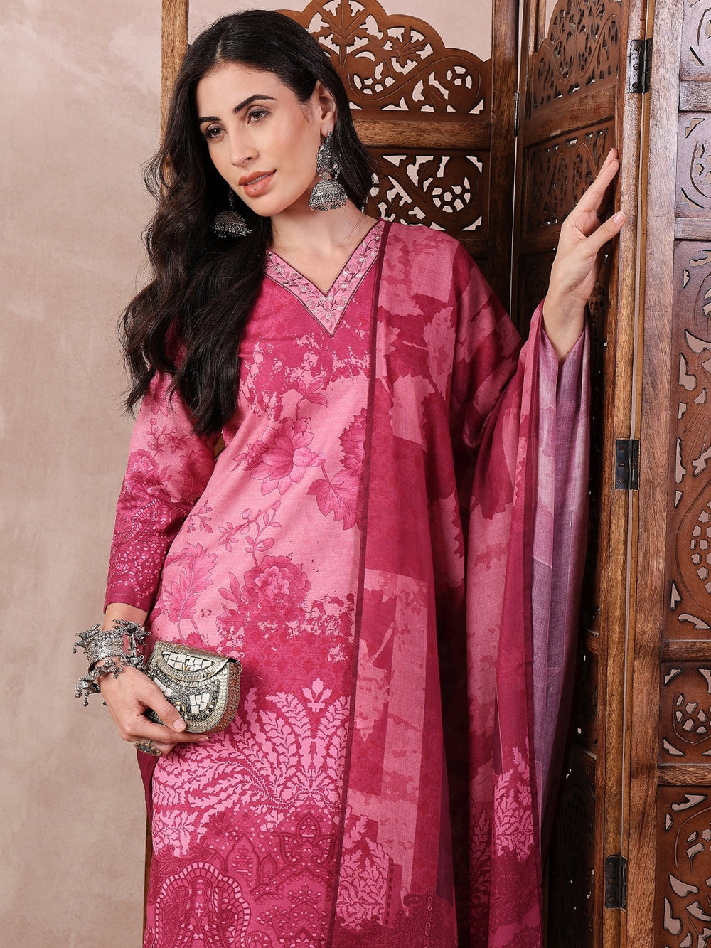 ZERESOUQ-Pink-Silk-Blend-Ethnic-Motifs-Printed-3-Piece-Kurta-Set