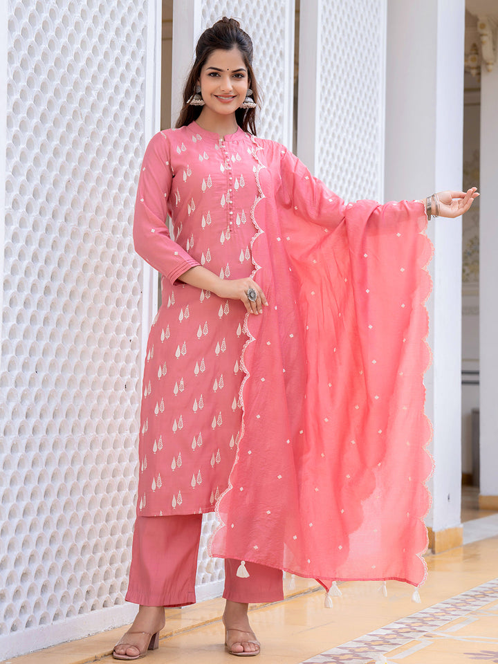 ZERESOUQ-Pink-Silk-Blend-Solid-Embroidered-Straight-3-Piece-Kurta-Set