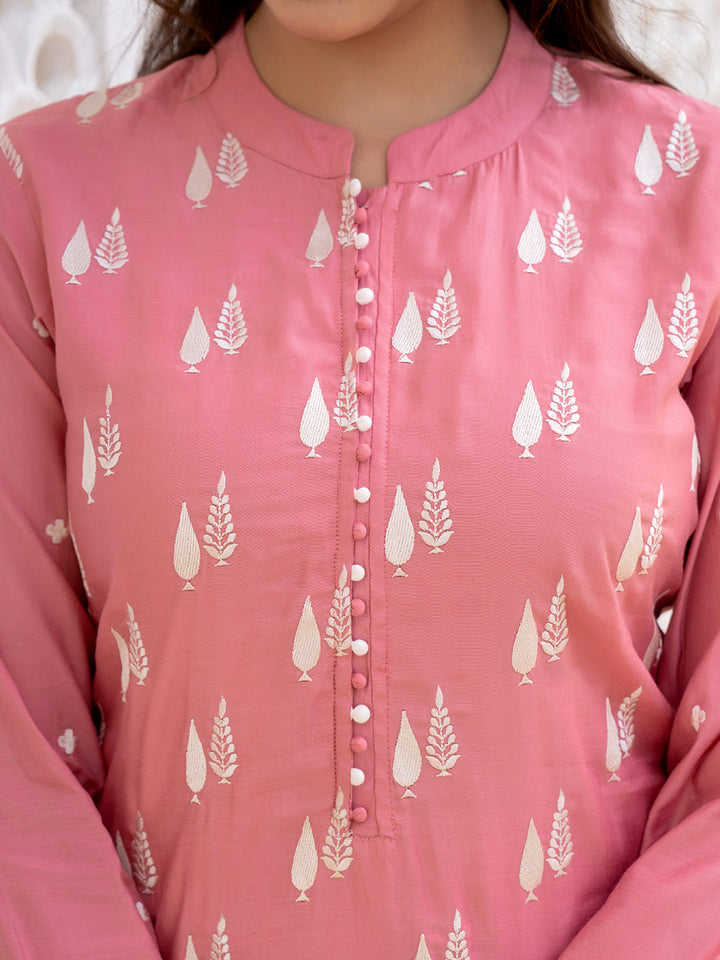 ZERESOUQ-Pink-Silk-Blend-Solid-Embroidered-Straight-3-Piece-Kurta-Set