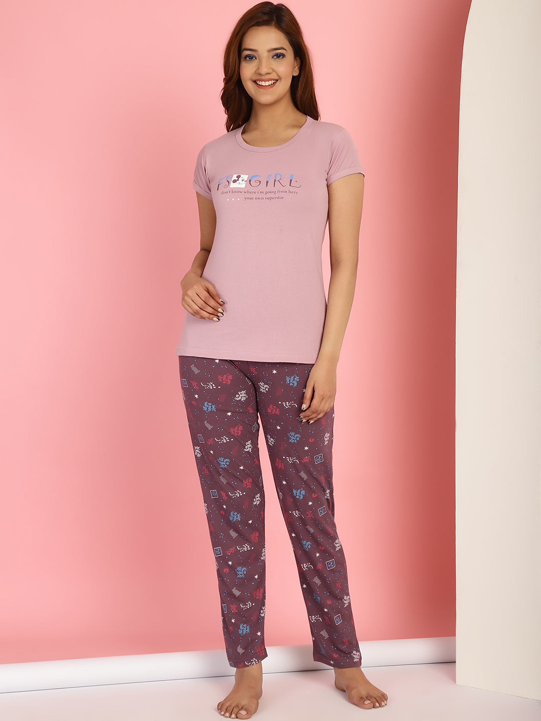 Pink-&-Brown-Cotton-Blend-Love-Printed-Night-Suit