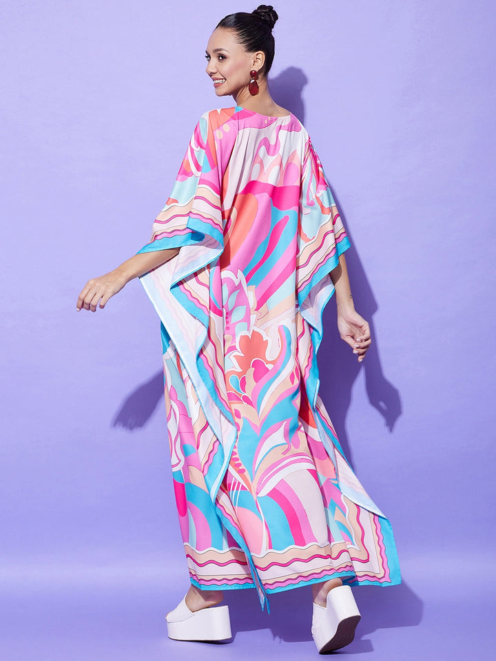 Pink-&-Multicolor-Satin-Printed-Kaftan