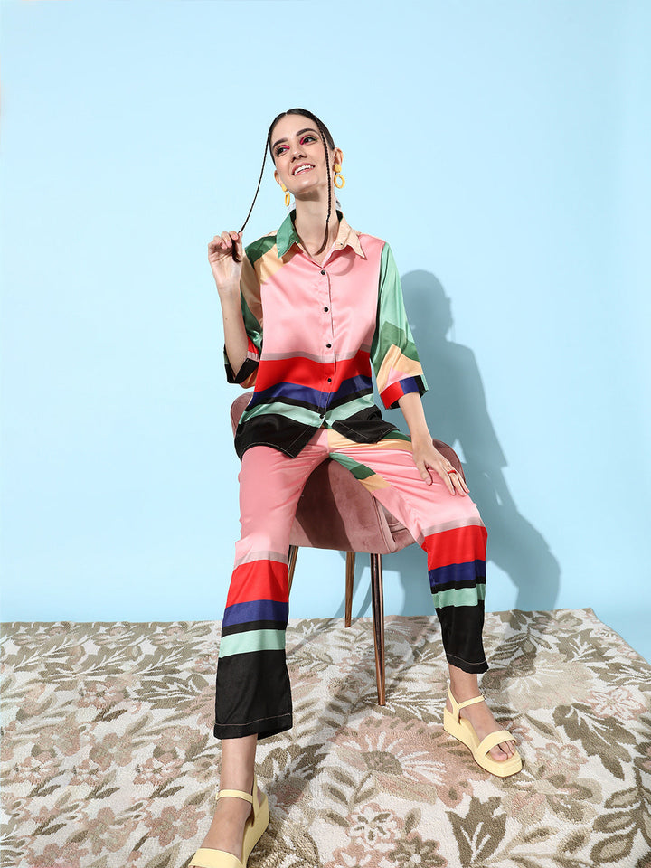 Pink-&-Multicolor-Satin-Shirt-And-Trousers-Co-Ord-Set