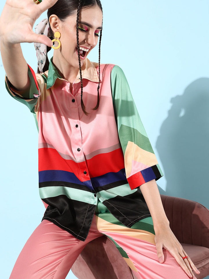 Pink-&-Multicolor-Satin-Shirt-And-Trousers-Co-Ord-Set