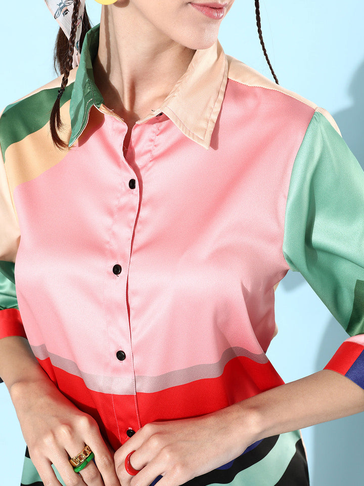 Pink-&-Multicolor-Satin-Shirt-And-Trousers-Co-Ord-Set