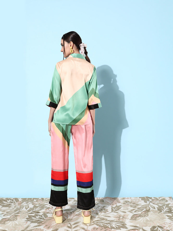 Pink-&-Multicolor-Satin-Shirt-And-Trousers-Co-Ord-Set