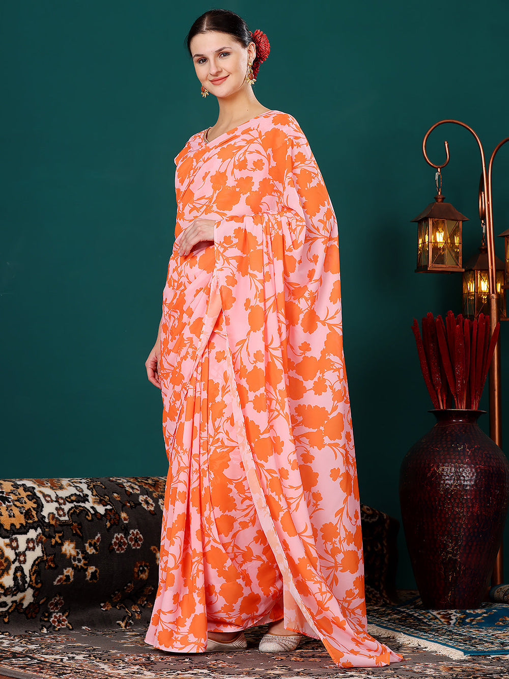 Pink-&-Orange-Georgette-Chinon-Digital-Print-Saree