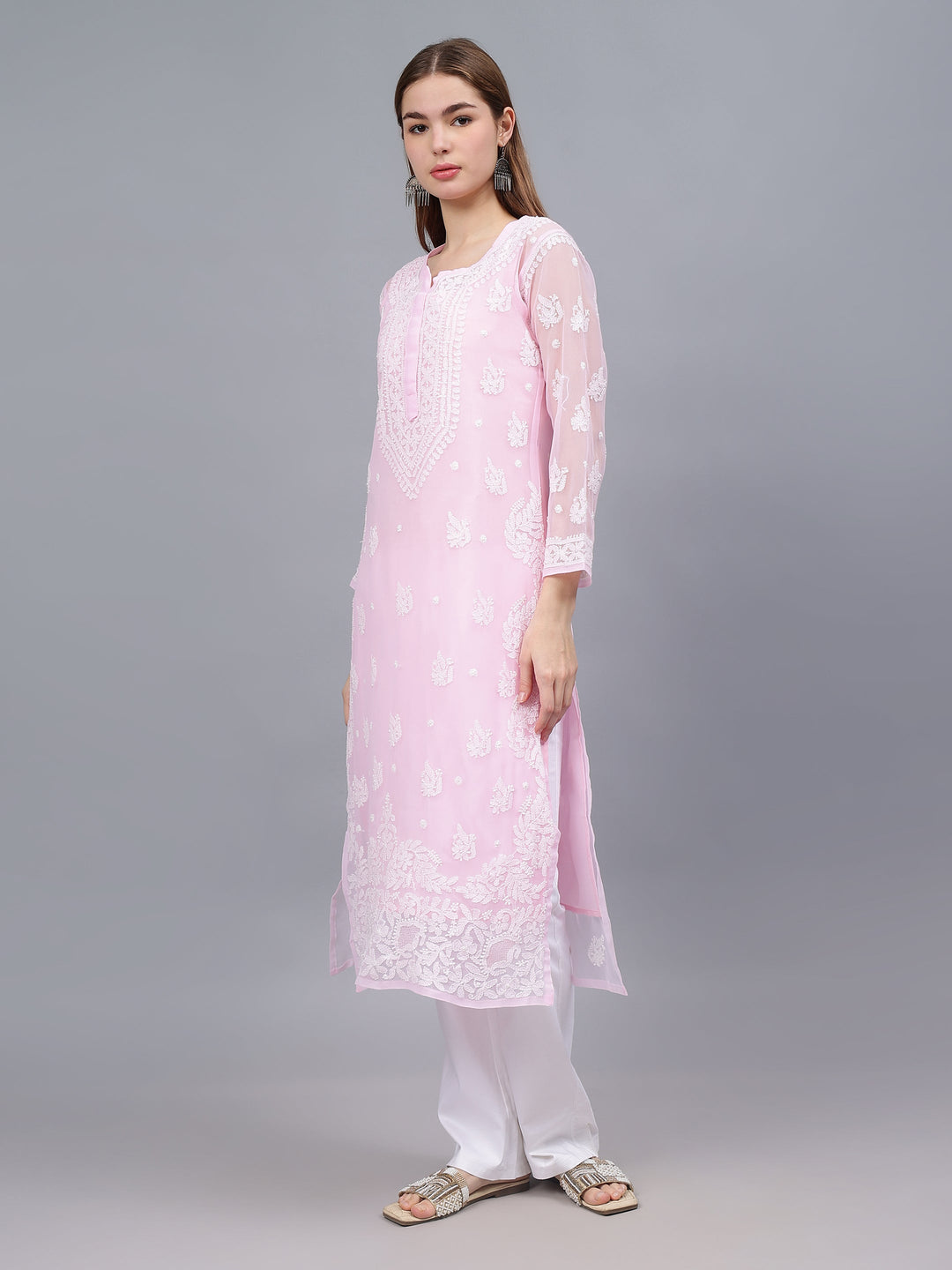 Pink-&-White-Georgette-Embroidered-Chikankari-Kurti-With-Slip