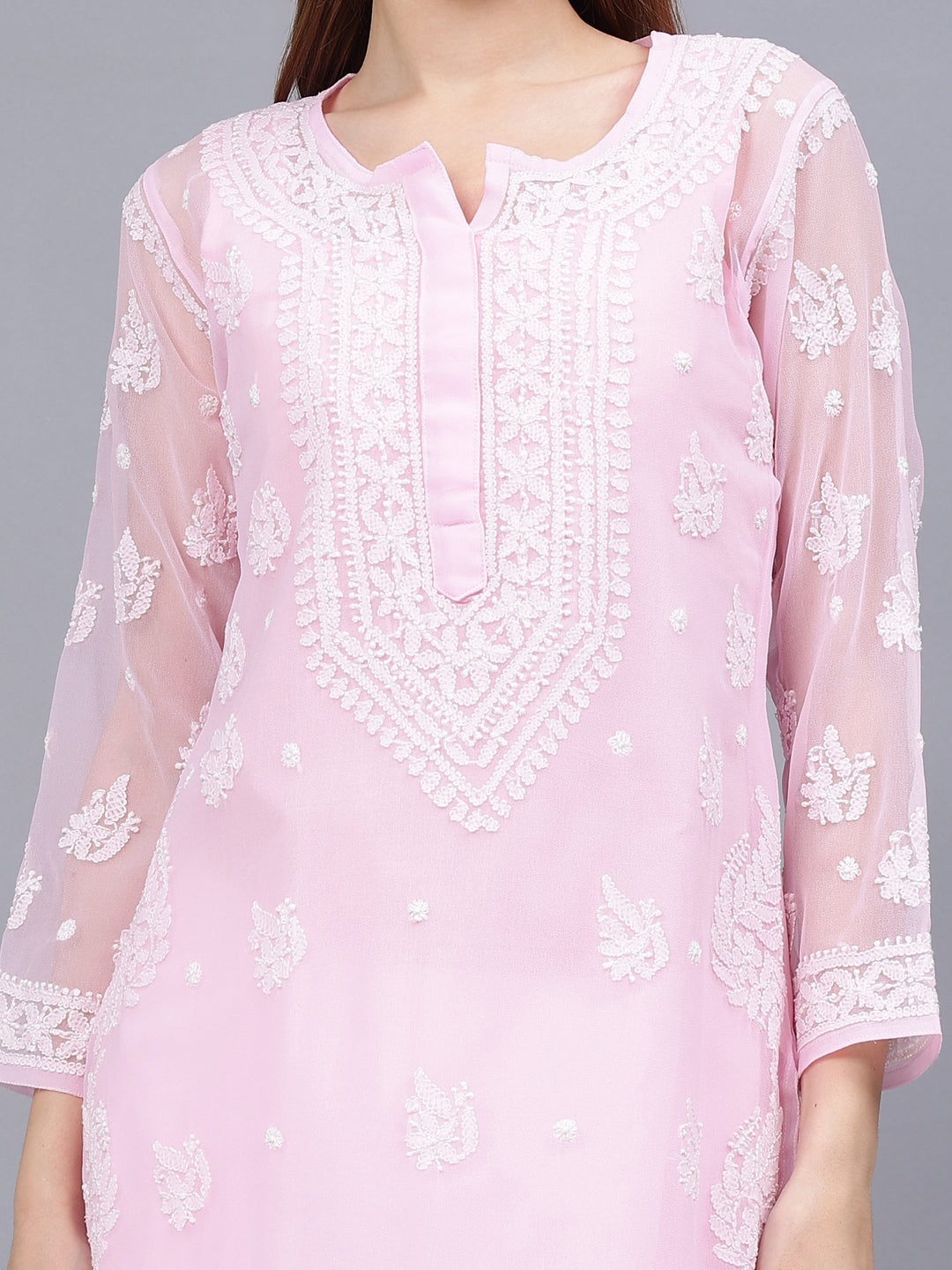 Pink-&-White-Georgette-Embroidered-Chikankari-Kurti-With-Slip