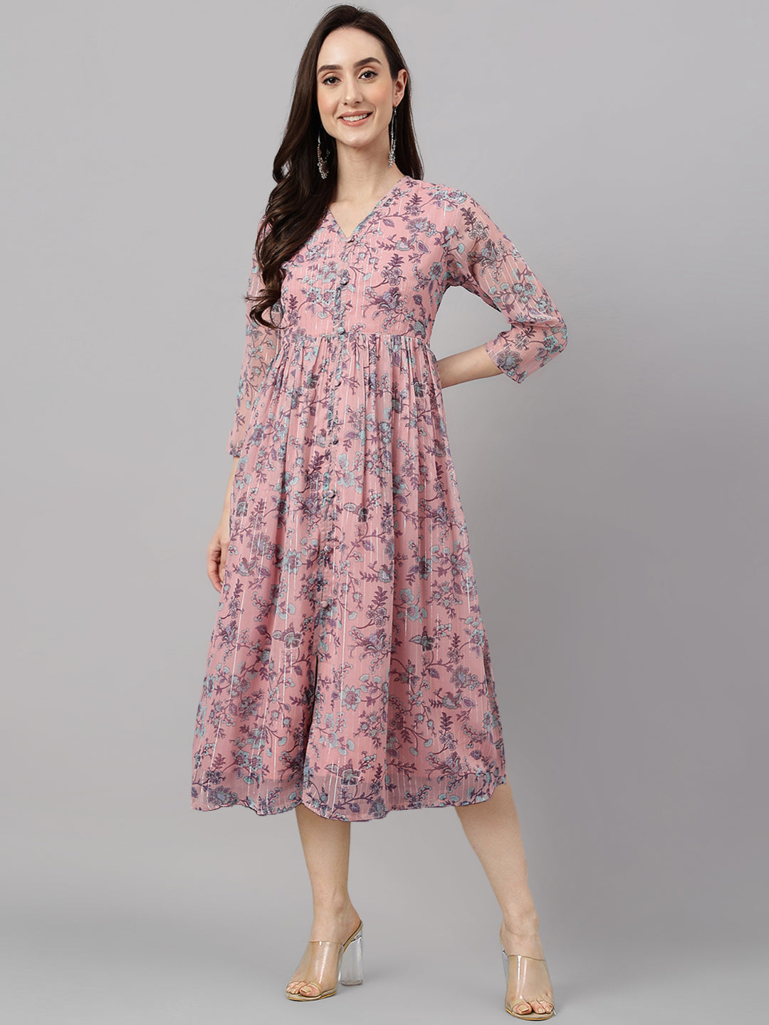 Pink Chiffon Lurex Floral Print Flared Kurta