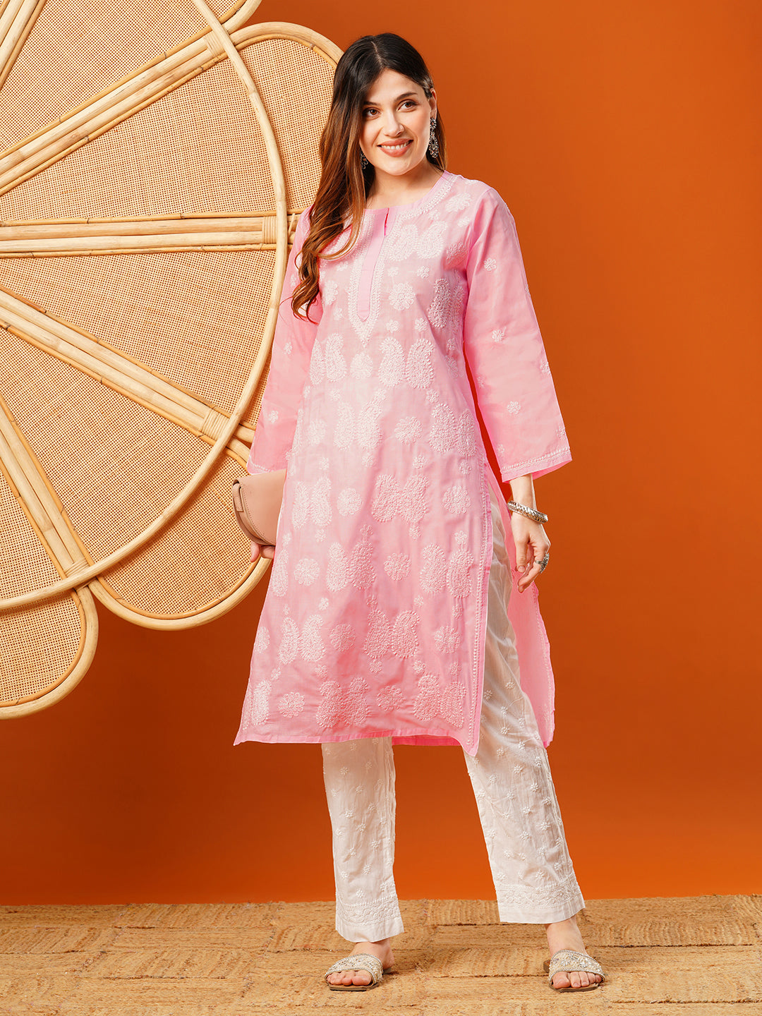Pink-Cotton-Embroidered-Chikankari-Kurta-Only