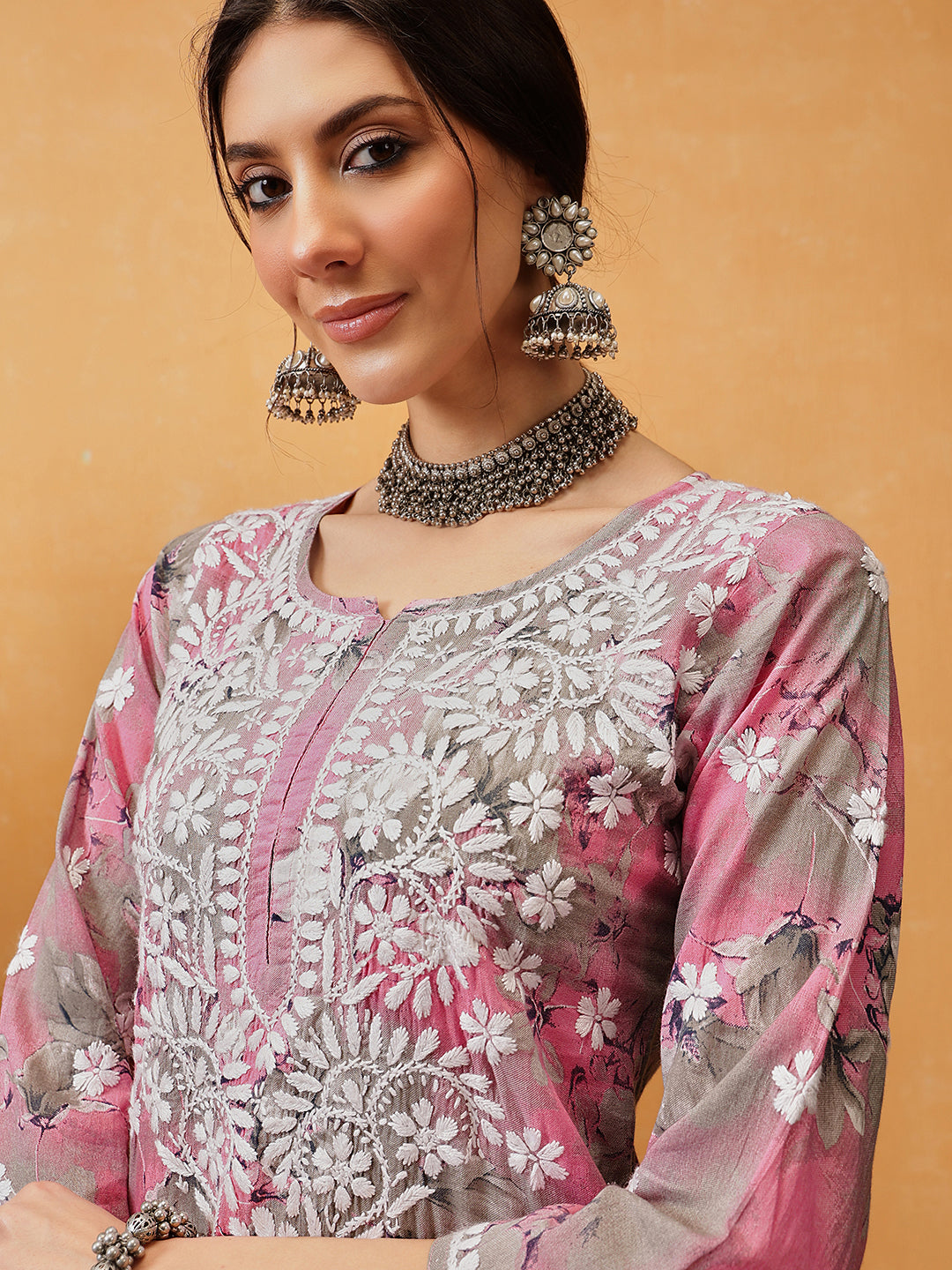 Pink-Cotton-Lucknowi-Chikankari-Printed-Kurta-Set