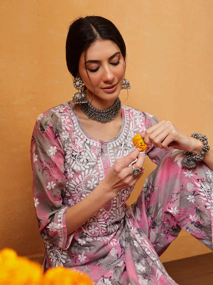 Pink-Cotton-Lucknowi-Chikankari-Printed-Kurta-Set