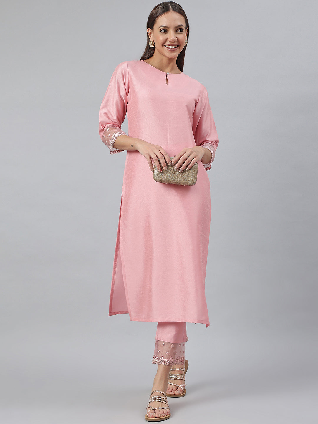 Pink Poly Silk Solid Kurta & Pant Set