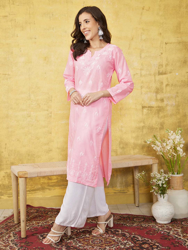 Pink-&-White-Cotton-Embroidered-Chikankari-Kurta