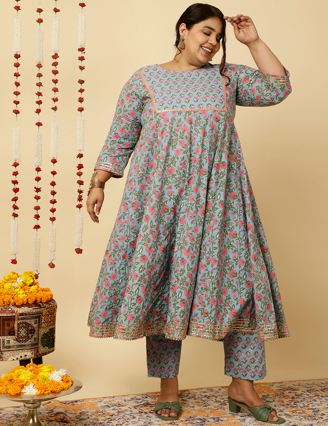 Plus-Size-Blue-Cotton-Cambric-Printed-Anarkali-Kurta-Set