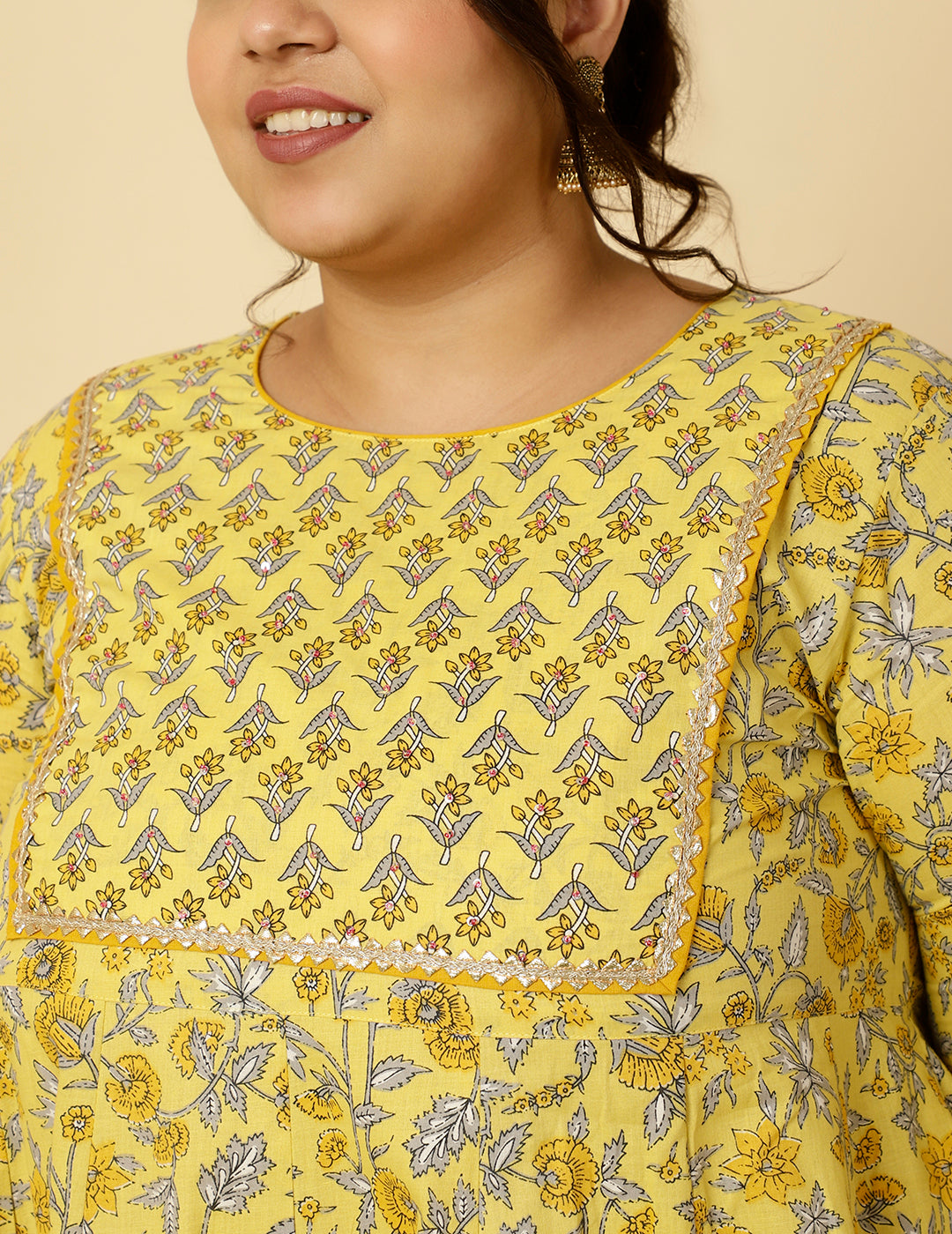 Plus-Size-Yellow-Cotton-Cambric-Printed-Anarkali-Kurta-Set