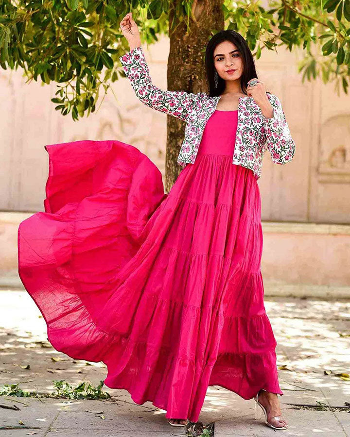 Pink Cotton Tiered Maxi Dress With Jacket