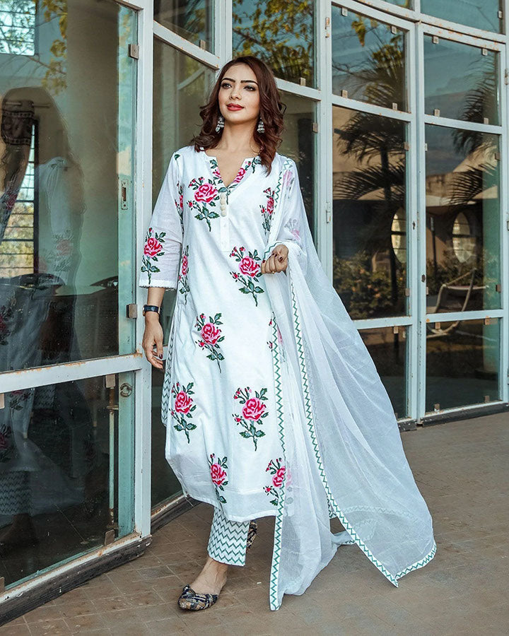 White-Cotton-Rose-Block-Print-3-Piece-Kurta-Set