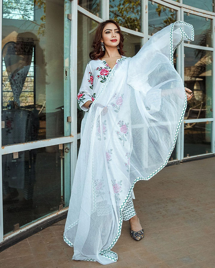 White-Cotton-Rose-Block-Print-3-Piece-Kurta-Set