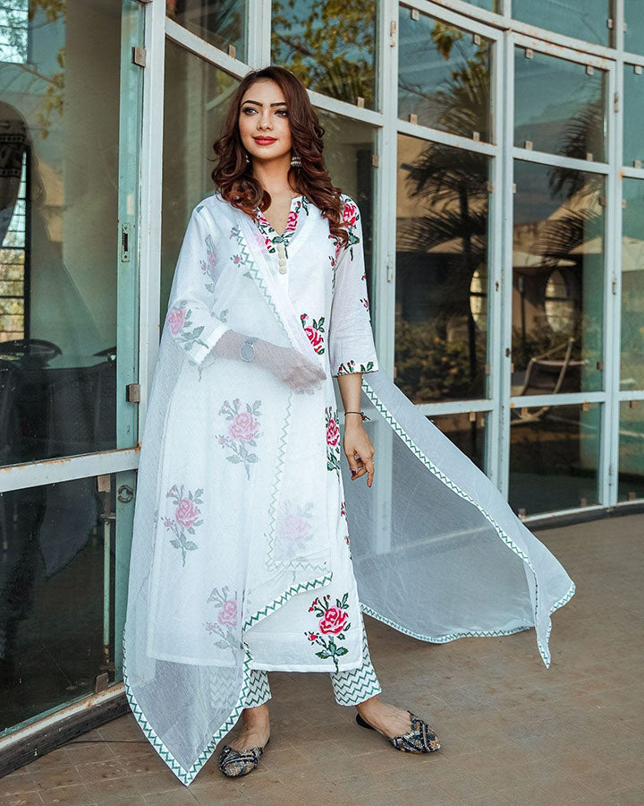 White-Cotton-Rose-Block-Print-3-Piece-Kurta-Set
