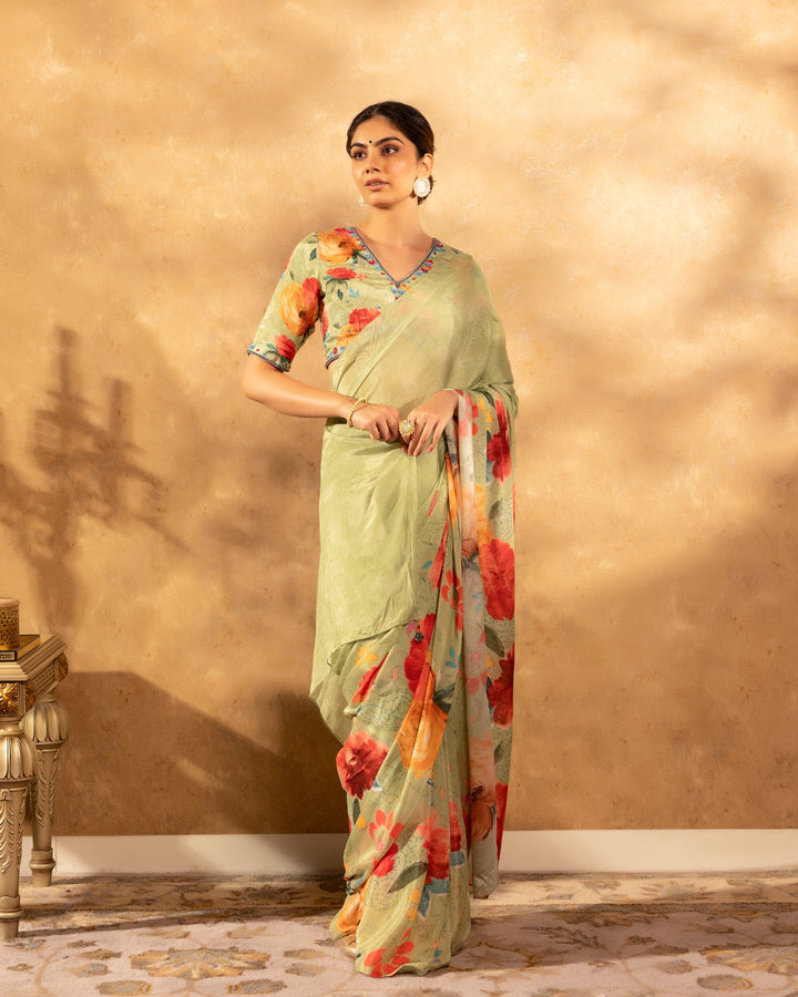 Mint-Green-Floral-Print-Saree