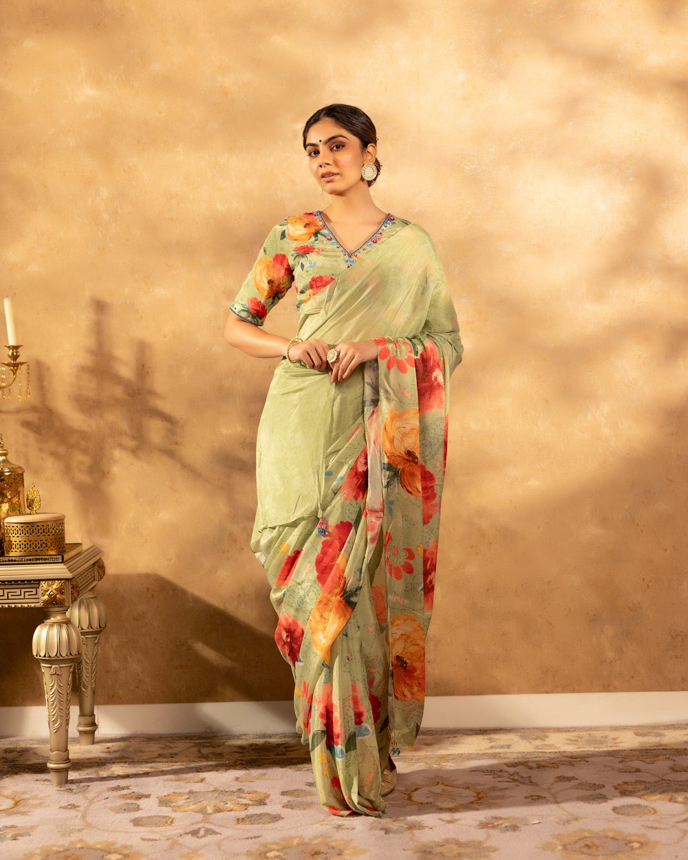 Mint-Green-Floral-Print-Saree