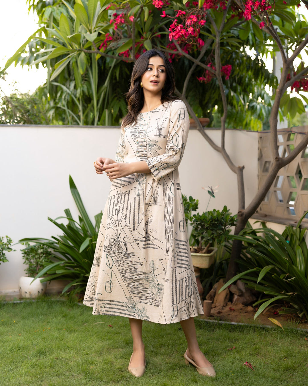 Ivory-Cotton-Geometric-Printed-A-Line-Midi-Dress