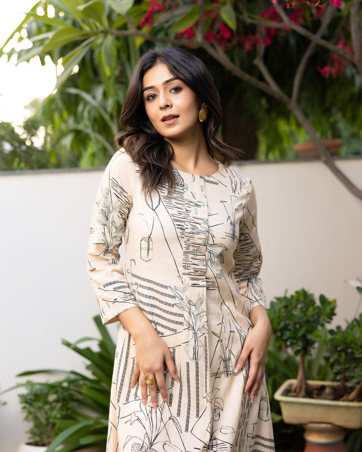 Ivory-Cotton-Geometric-Printed-A-Line-Midi-Dress