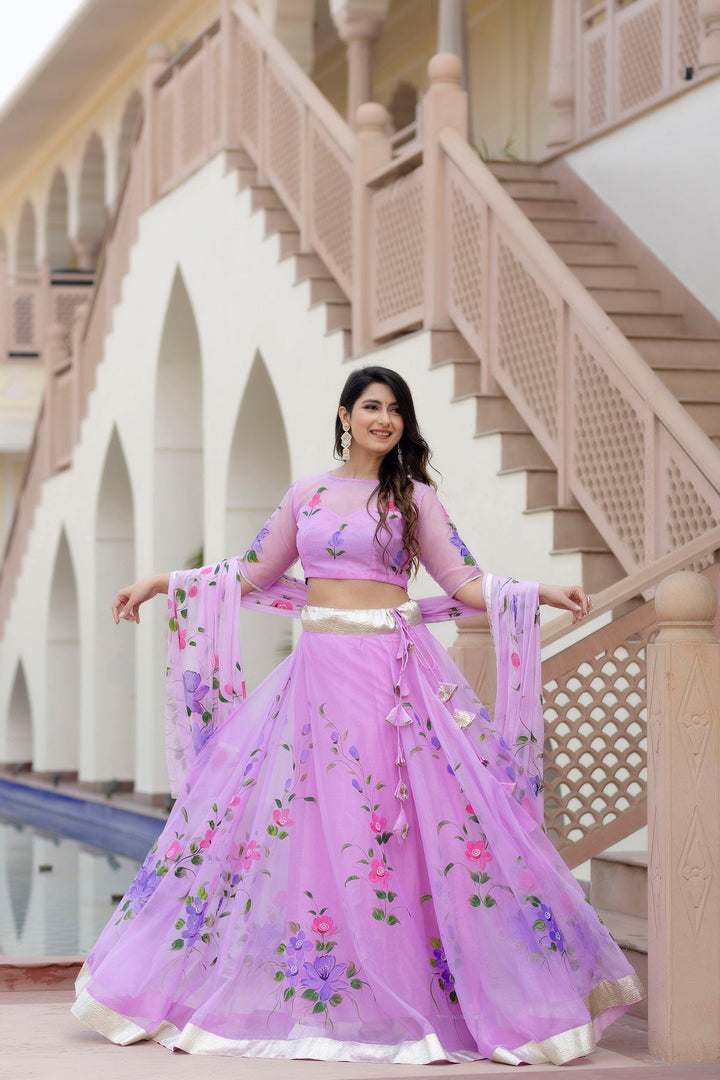 Purple-Organza-Brush-Print-Short-Sleeves-Lehenga-Set-