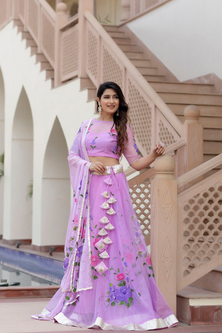 Purple-Organza-Brush-Print-Short-Sleeves-Lehenga-Set-
