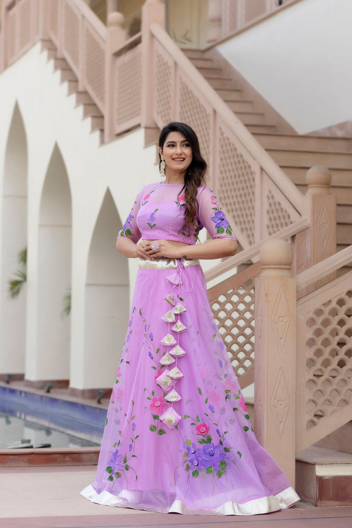 Purple-Organza-Brush-Print-Short-Sleeves-Lehenga-Set-