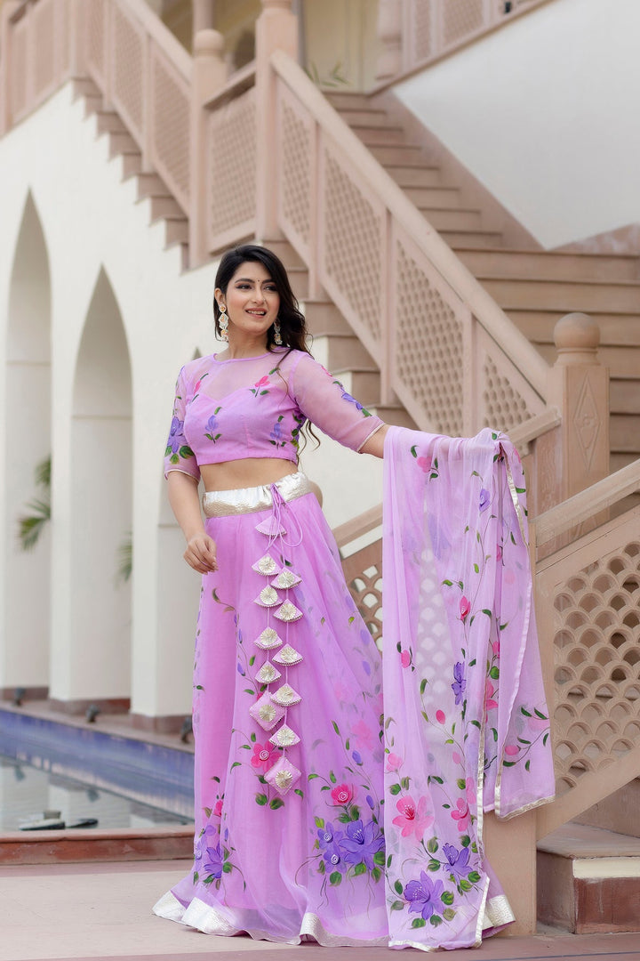 Purple-Organza-Brush-Print-Short-Sleeves-Lehenga-Set-