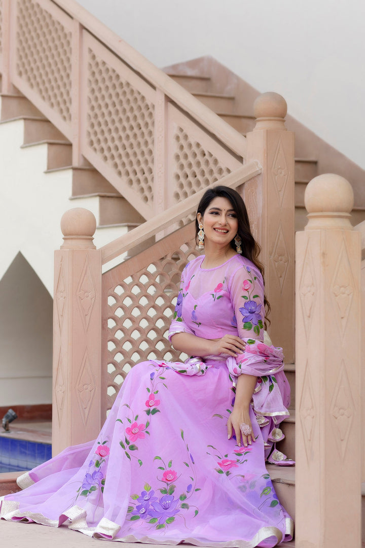 Purple-Organza-Brush-Print-Short-Sleeves-Lehenga-Set-