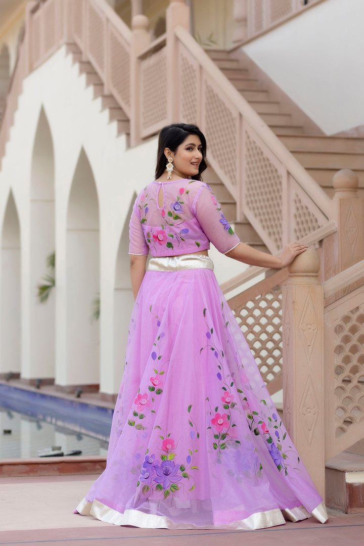 Purple-Organza-Brush-Print-Short-Sleeves-Lehenga-Set-