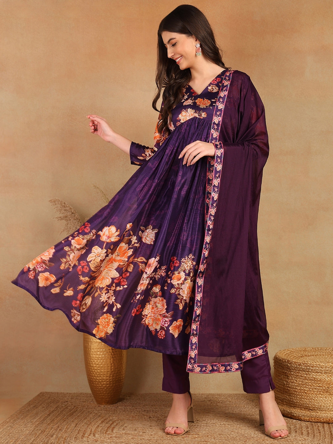 ZERESOUQ-Purple-Silk-Blend-Floral-Printed-3-Piece-Kurta-Set