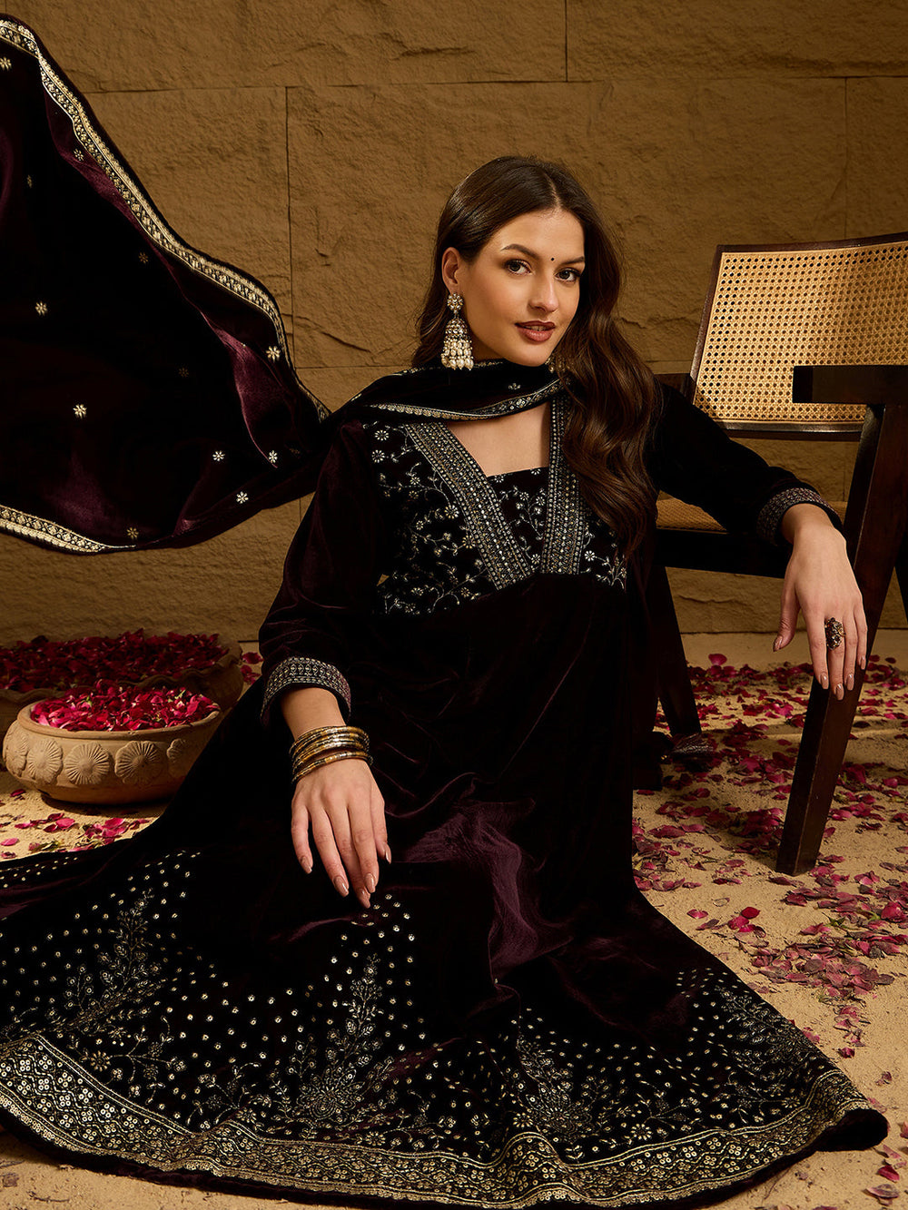 ZERESOUQ-Purple-Velvet-Floral-Printed-3-Piece-Anarkali-Set