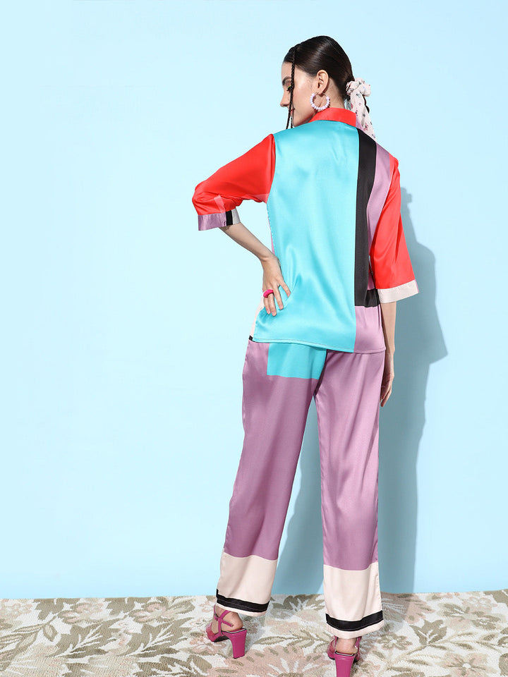 Purple-&-Multicolor-Satin-Shirt-And-Trousers-Co-Ord-Set