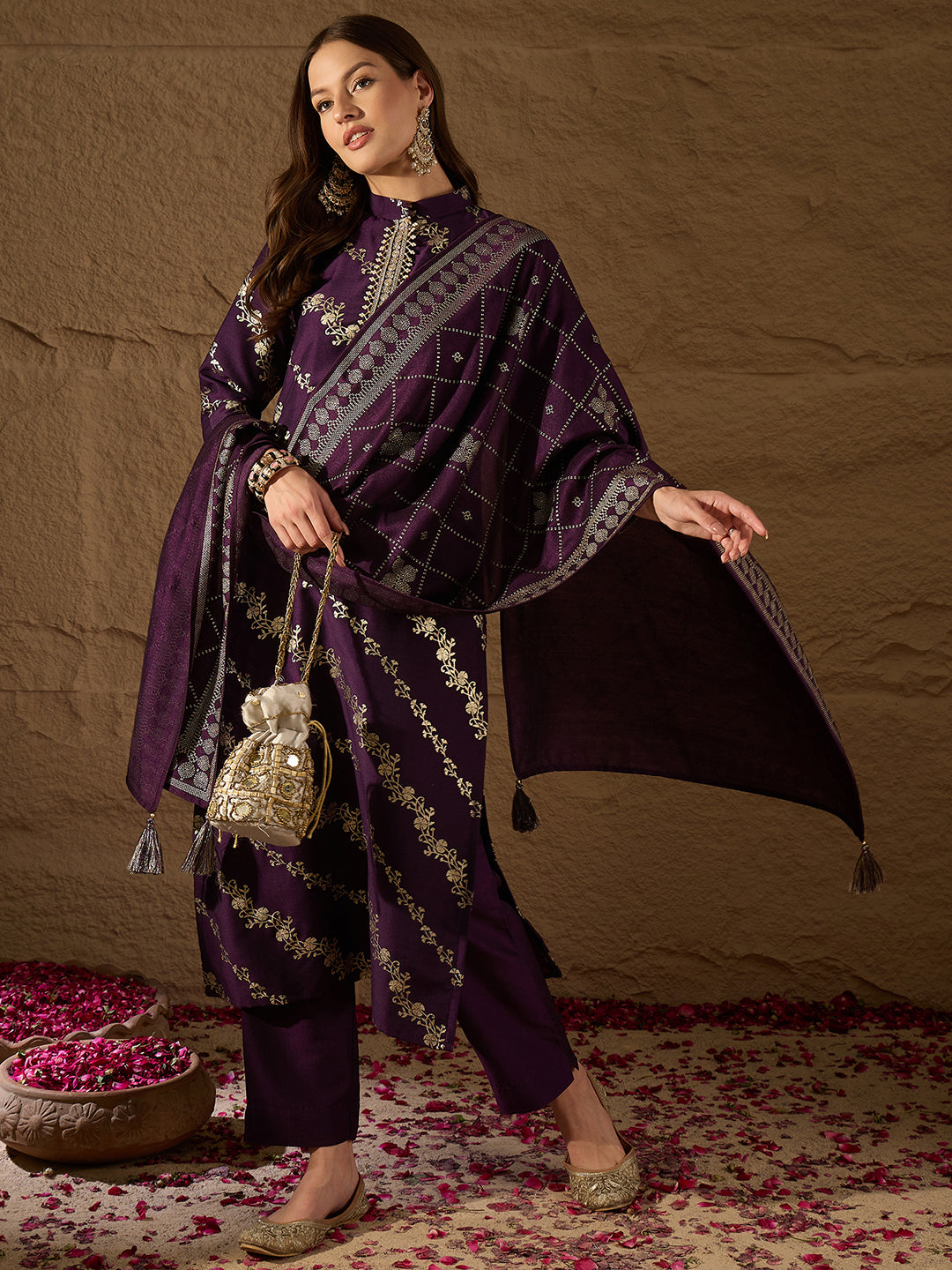 Purple-Silk-Blend-Floral-Foil-Printed-3-Piece-Kurta-Set