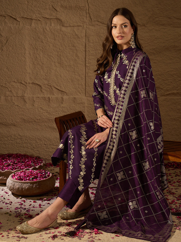 Purple-Silk-Blend-Floral-Foil-Printed-3-Piece-Kurta-Set