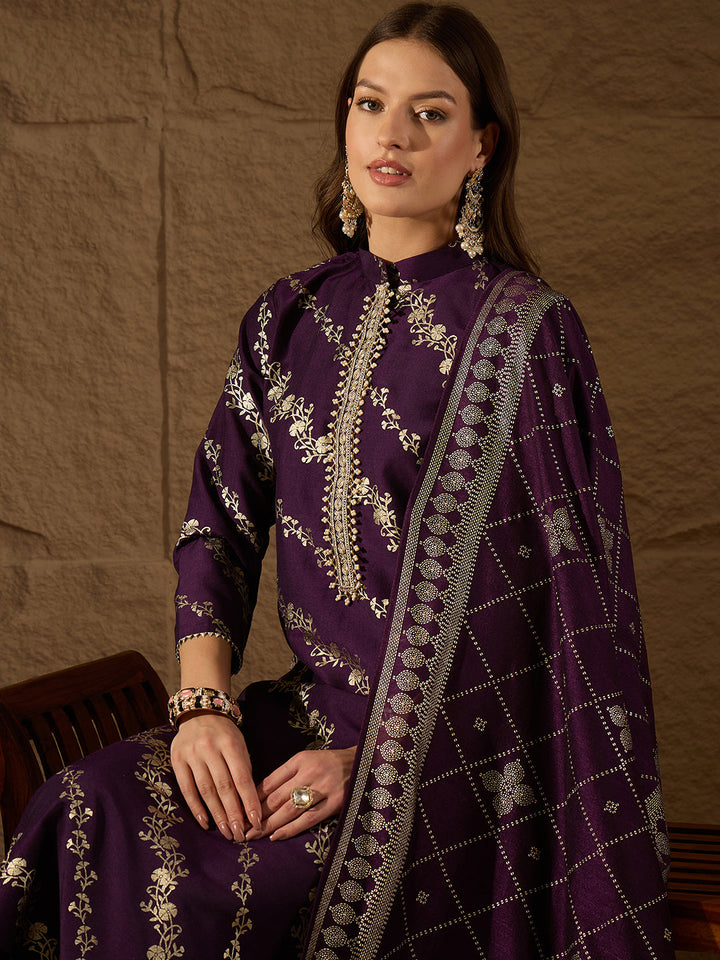 Purple-Silk-Blend-Floral-Foil-Printed-3-Piece-Kurta-Set