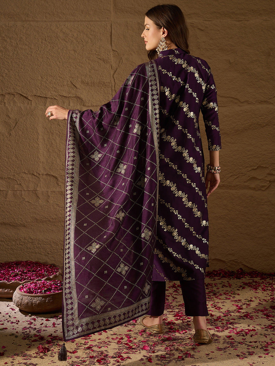 Purple-Silk-Blend-Floral-Foil-Printed-3-Piece-Kurta-Set